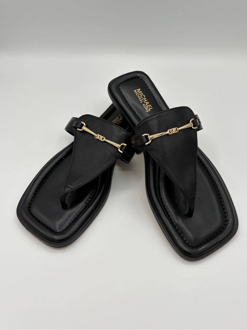 Michael Kors Black Thong Sandals with Gold Chain Detail